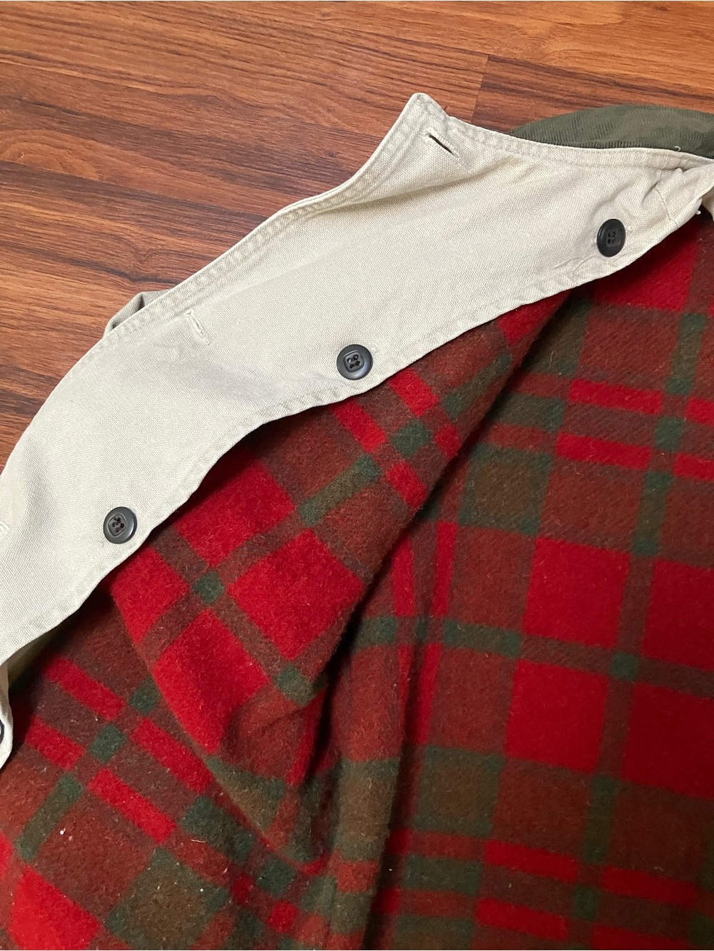 *SOLD* L.L. Bean Cream Canvas Jacket with Olive Collar and Red Plaid Lining - Picture 3 of 7